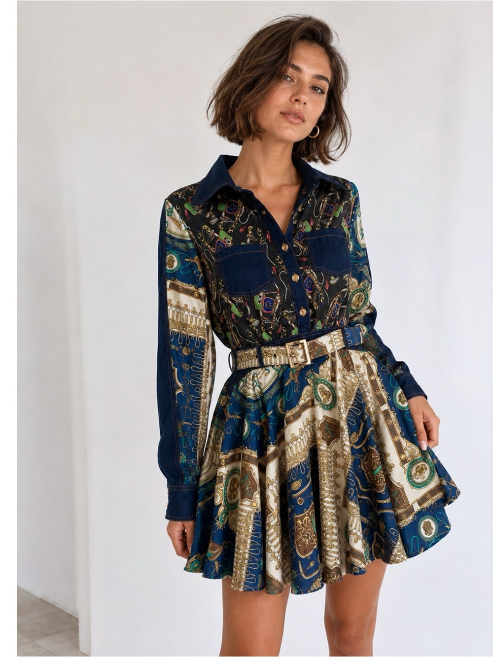 Baroque Print Belted Shirt Dress – Dolce & Gabbana Inspired Sz:XS